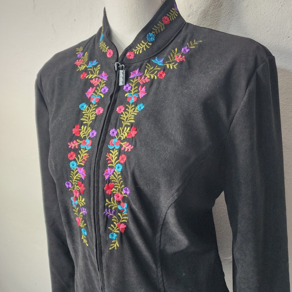 Elementz Embroidered Floral Mandarin Collar‎ Jacket L Vintage Style - Picture 2 of 11